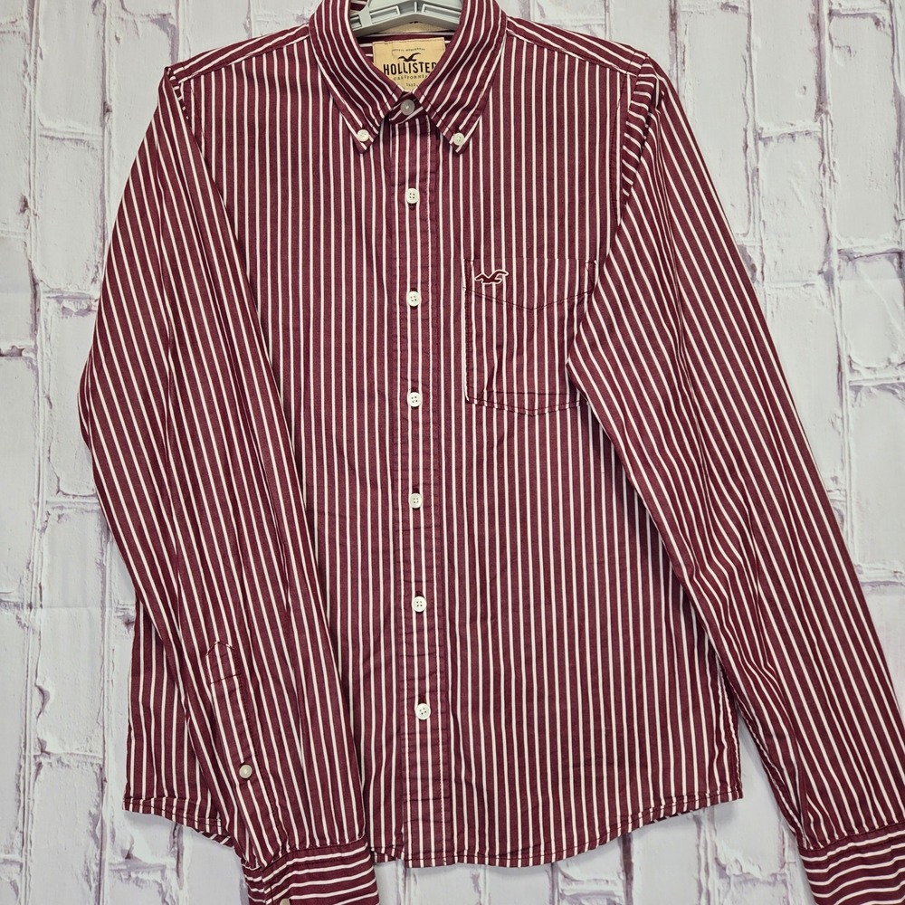 Y2K Hollister Button Down Shirt Burgundy Red Striped Long Sleeve Pocket Mens M